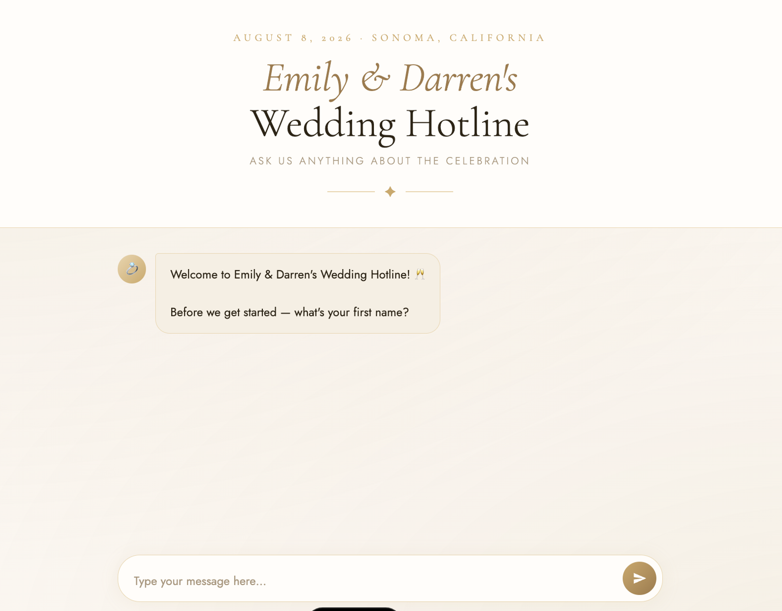 The Wedding Hotline chatbot Emily built so guests could ask questions about her August 2026 celebration